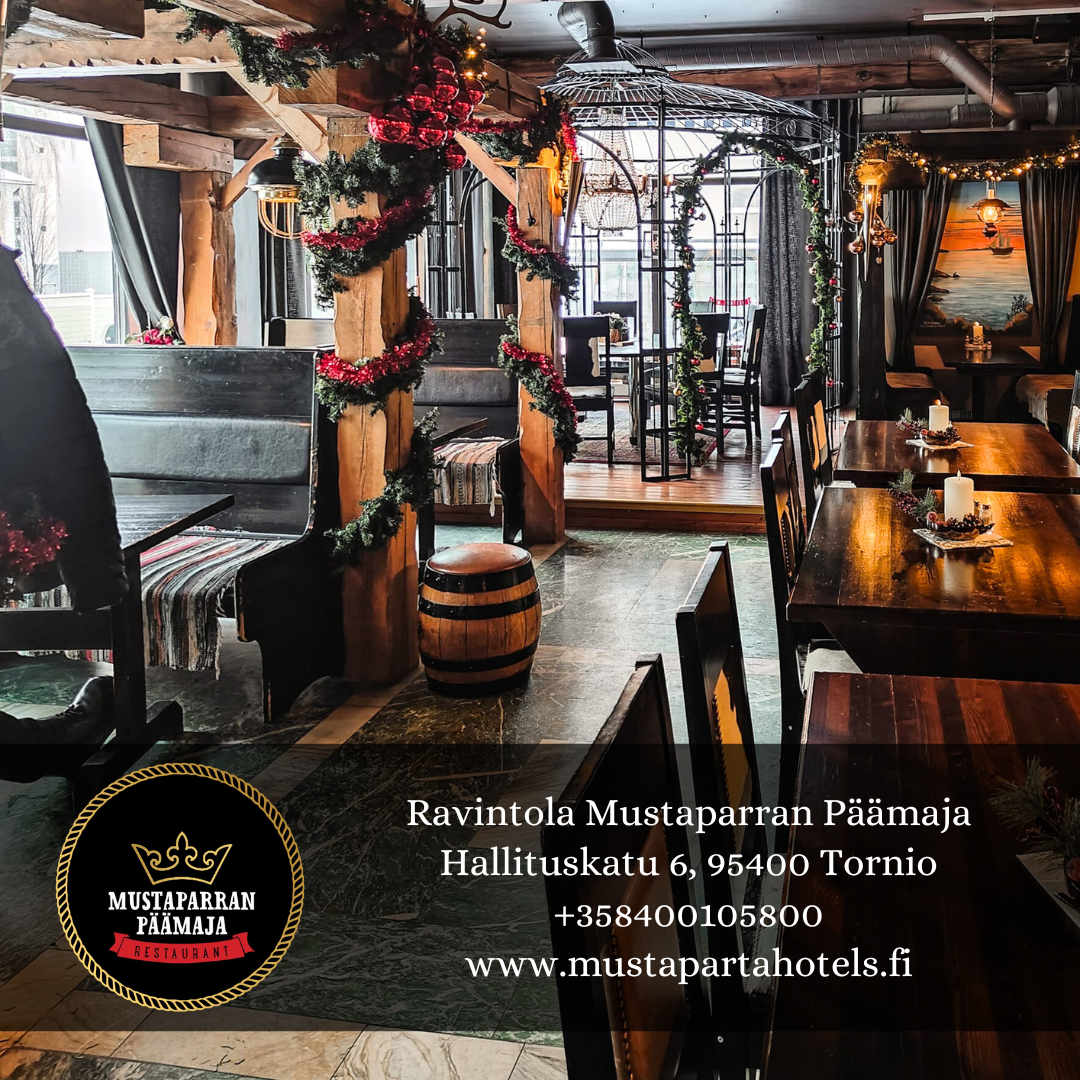 Ravintola Mustaparran Päämaja sijaitsee Boutique Hotel Mustaparran ensimmäisessä kerroksessa. Ravintola toimii hotellin aamiaisravintola sekä lounas- ja A la carte ravintolana. Ravintolamme sijaitsee Tornion keskustassa lähellä palveluita. Tervetuloa nauttimaan herkullisista annoksista sekä tunnelmallisesta miljööstä mikä pohjautuu Iisakki Mustaparran tarinaan.