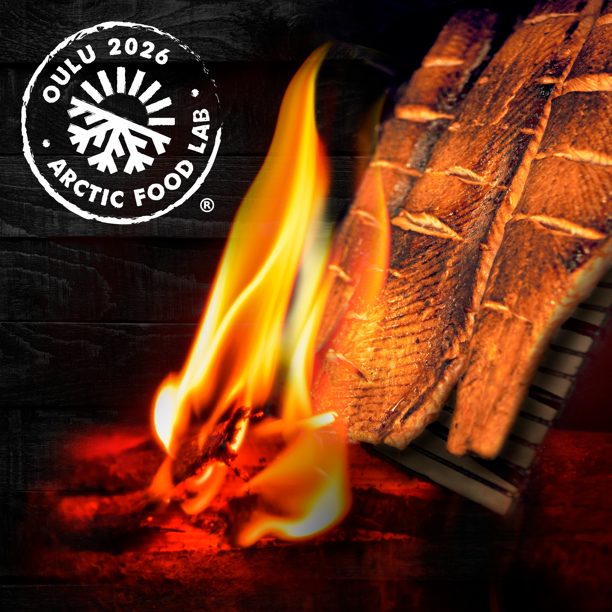 Grilled fish over open fire, Arctic Food Lab logo.