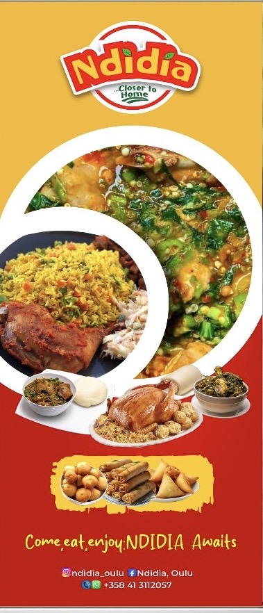 Ndidia presents a vibrant selection of West African dishes, including jollof rice with spiced and roasted chicken, egusi, okra and efo riro soups, as well as spring rolls, samosas and puff puff. Prepared in Oulu, the image reflects rich culinary heritage and a fusion with locally sourced Arctic ingredients. Photo: Ndidia.